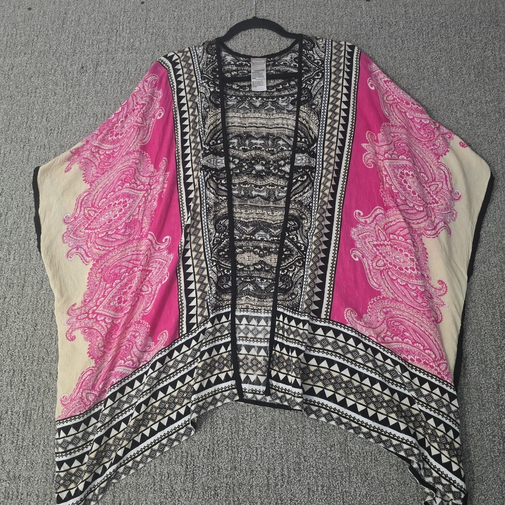 Chico's L/XL‎ Pink Paisley Kimono Open Front Boho Ruana Poncho Cover Up Resort